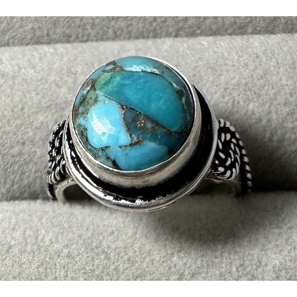925 Sterling Silver Copper Turquoise Ring w/ striking metallic veining Size 5.5